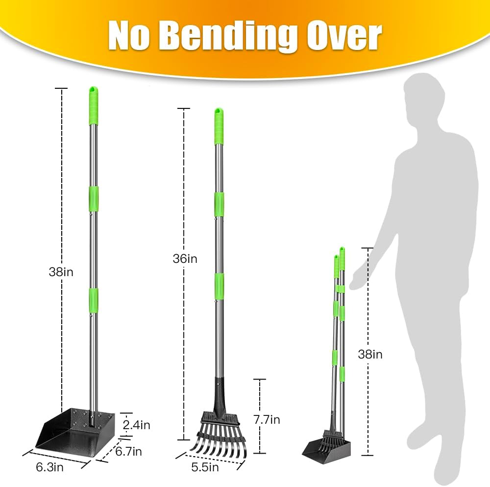 Dog Pooper Scooper Long Handle Stainless Metal Tray and Rake for Medium Small Dogs Heavy Duty Pet Supplies to Use for Grass, Dirt or Gravel