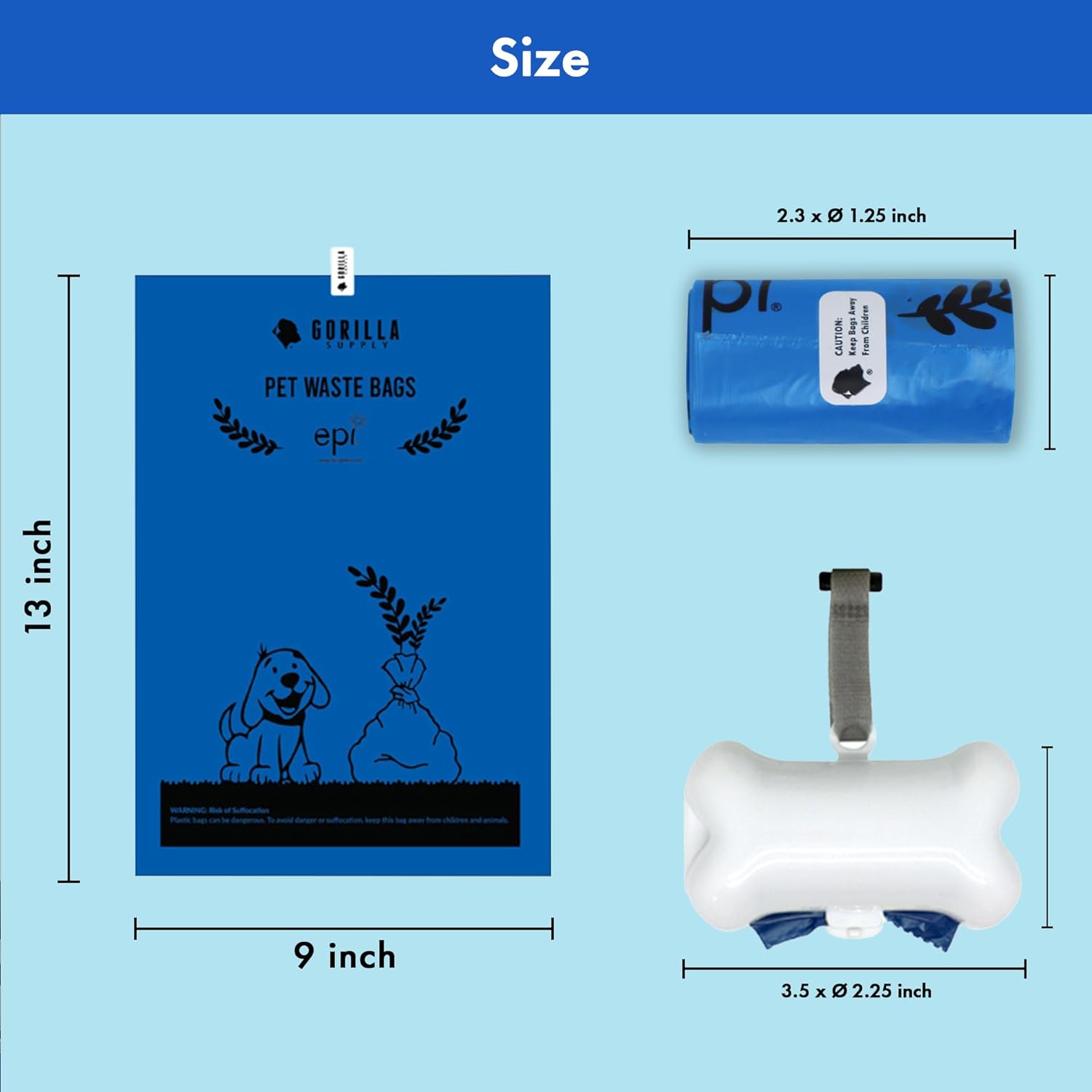 GORILLA 1000 Dog Poop Waste Bags with Dispenser and Leash Tie, 9" x 13", Blue, 1000 Count