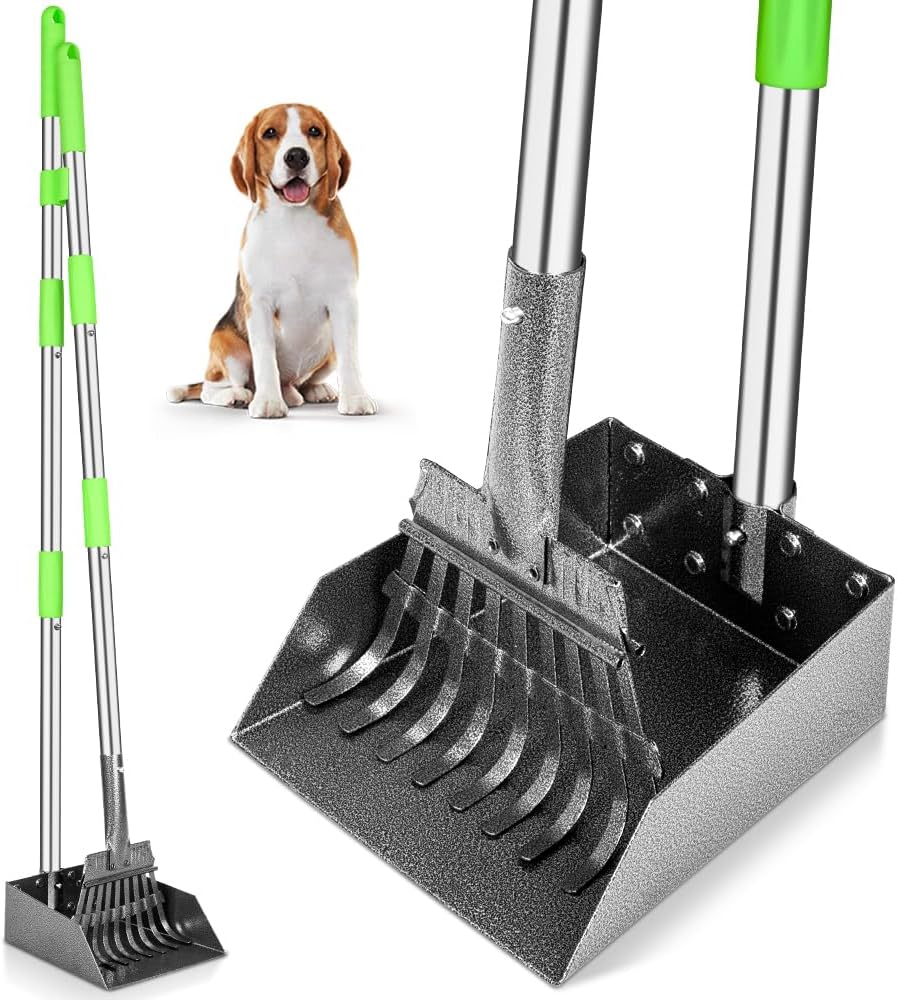 Dog Pooper Scooper Long Handle Stainless Metal Tray and Rake for Medium Small Dogs Heavy Duty Pet Supplies to Use for Grass, Dirt or Gravel