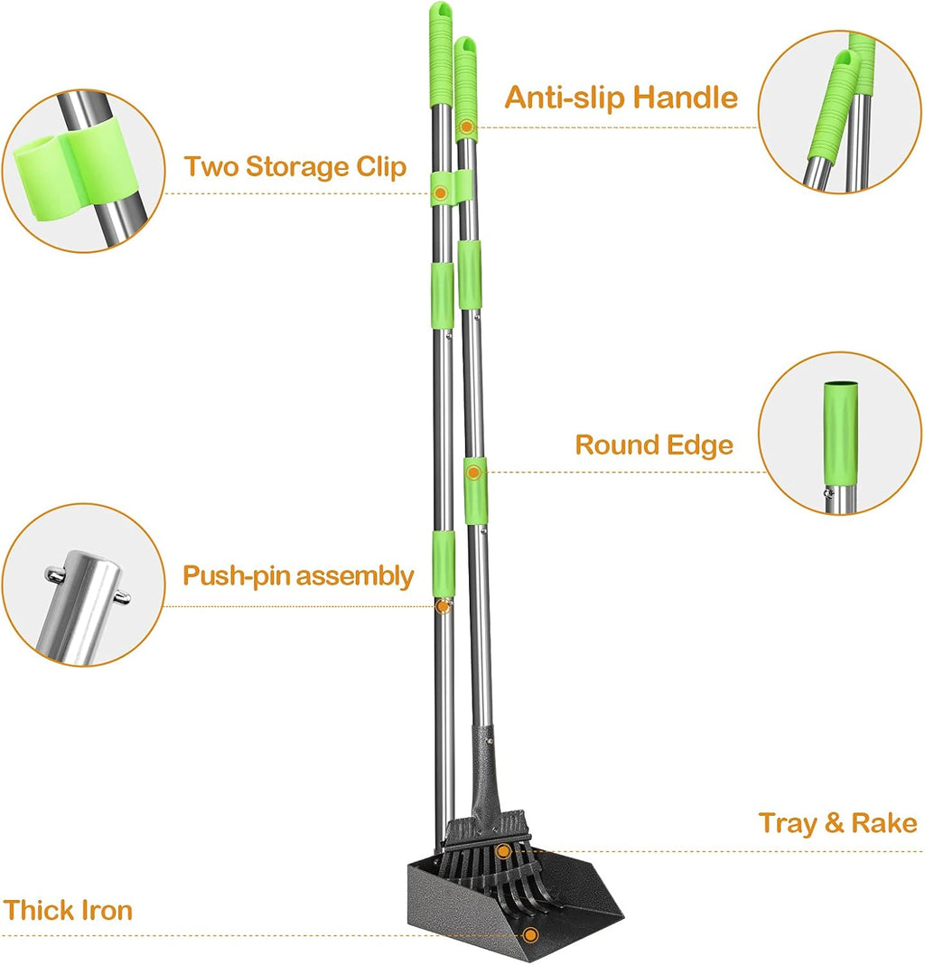 Dog Pooper Scooper Long Handle Stainless Metal Tray and Rake for Medium Small Dogs Heavy Duty Pet Supplies to Use for Grass, Dirt or Gravel