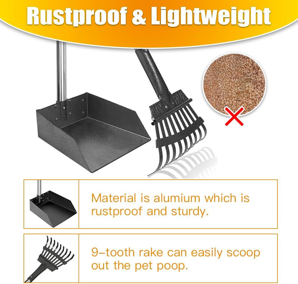 Dog Pooper Scooper Long Handle Stainless Metal Tray and Rake for Medium Small Dogs Heavy Duty Pet Supplies to Use for Grass, Dirt or Gravel