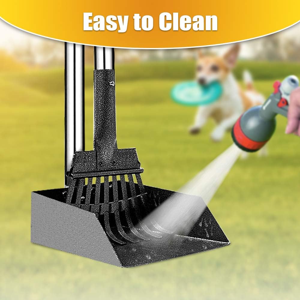 Dog Pooper Scooper Long Handle Stainless Metal Tray and Rake for Medium Small Dogs Heavy Duty Pet Supplies to Use for Grass, Dirt or Gravel