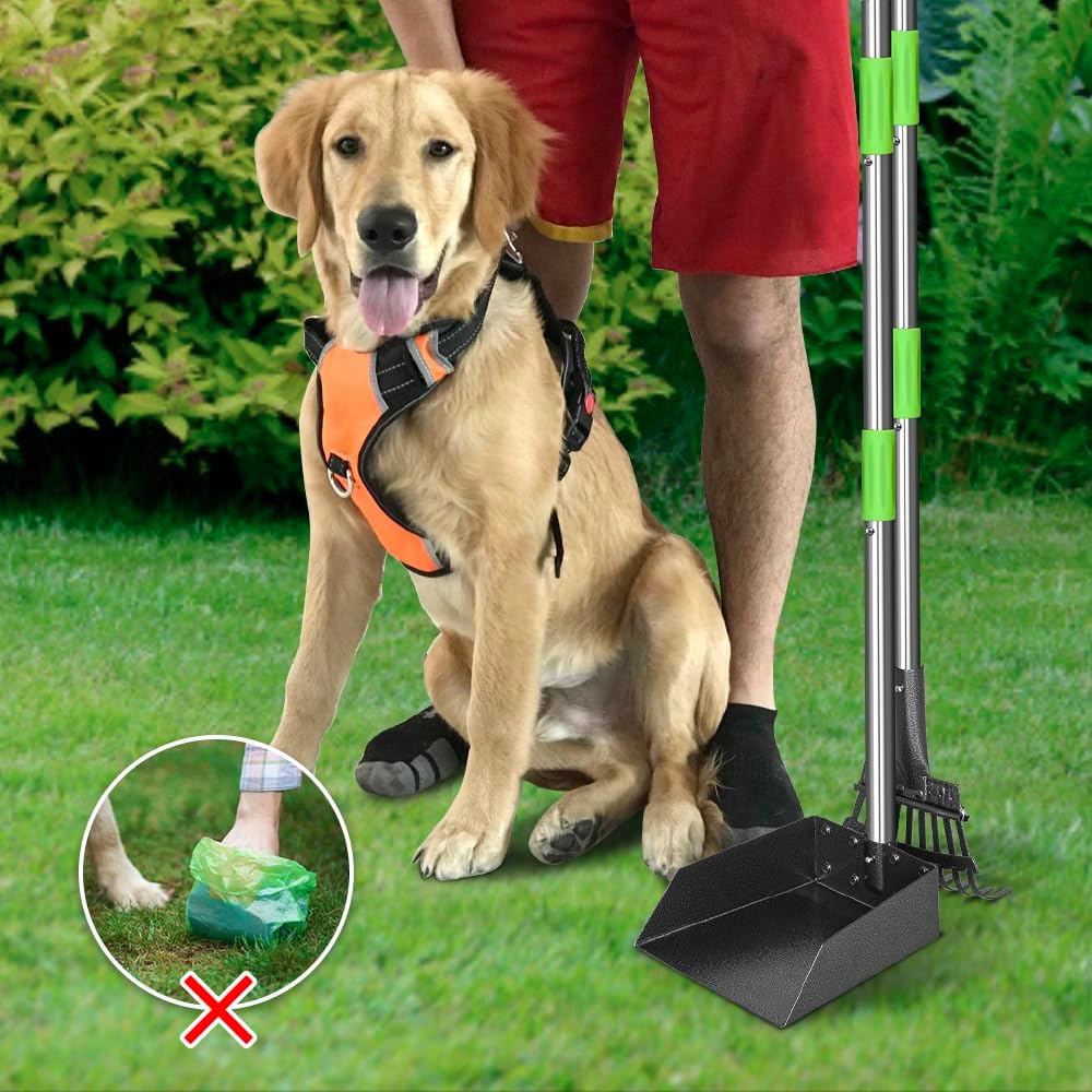 Dog Pooper Scooper Long Handle Stainless Metal Tray and Rake for Medium Small Dogs Heavy Duty Pet Supplies to Use for Grass, Dirt or Gravel