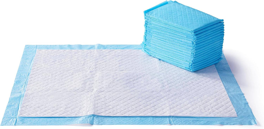 uper Absorbent Dog and Puppy Potty Pads, Leak-Proof 5-Layer Design with Quick-Dry Surface for Housebreaking, Heavy Duty Absorbency, X-Large, 28 x 34 Inch, Blue & White, 25-Pack