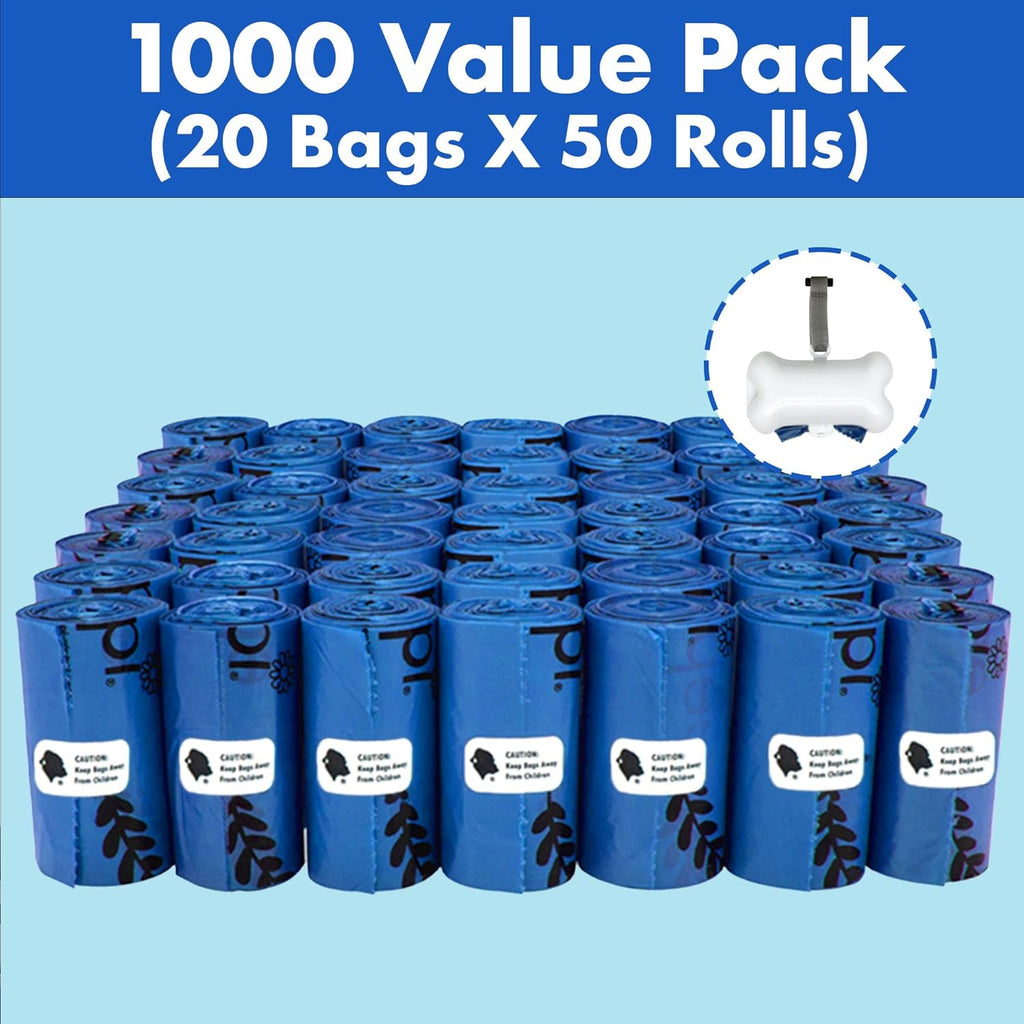 GORILLA 1000 Dog Poop Waste Bags with Dispenser and Leash Tie, 9" x 13", Blue, 1000 Count