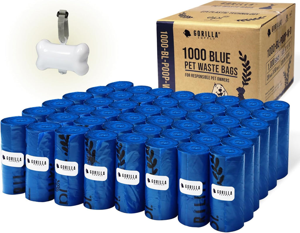 GORILLA 1000 Dog Poop Waste Bags with Dispenser and Leash Tie, 9" x 13", Blue, 1000 Count
