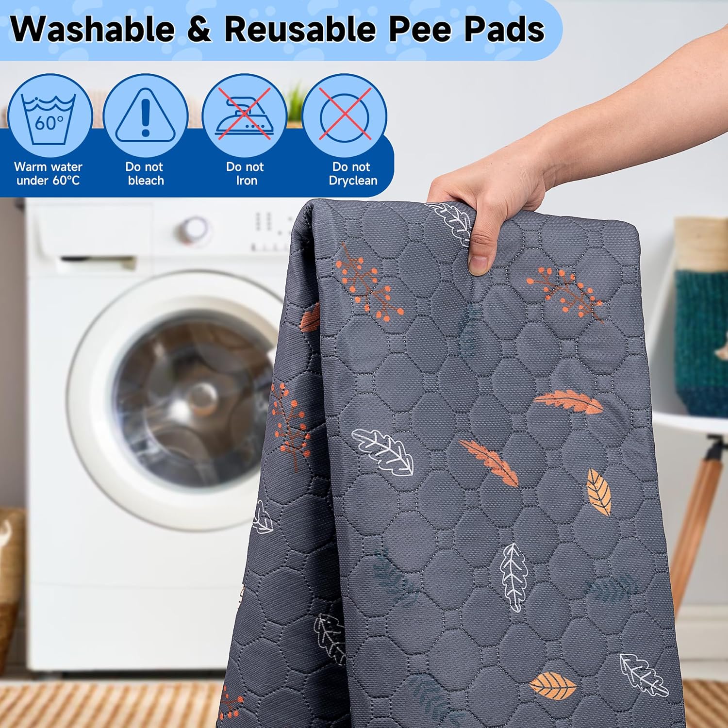 Washable Pee Pads for Dogs , Thick Heavy Absorbency Reusable, Prevent Leakage, Waterproof , Non-Slip Pee Pads for Puppy Playpen, Crate, Whelping Box, Potty Training, Grey, 2 packs